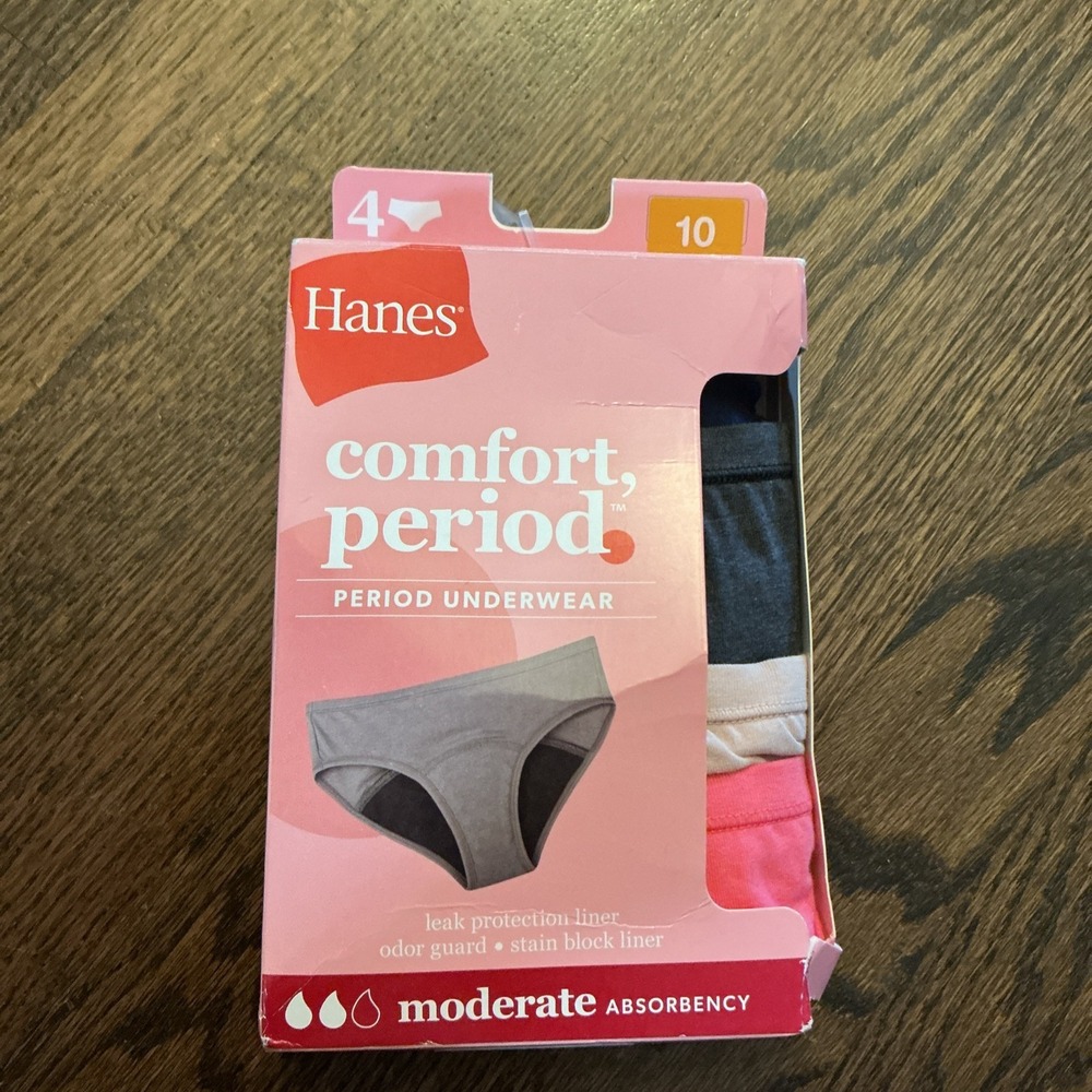 Hanes Girls 4 Pair Comfort Period Panties Moderate Absorbency Hipster Size 10